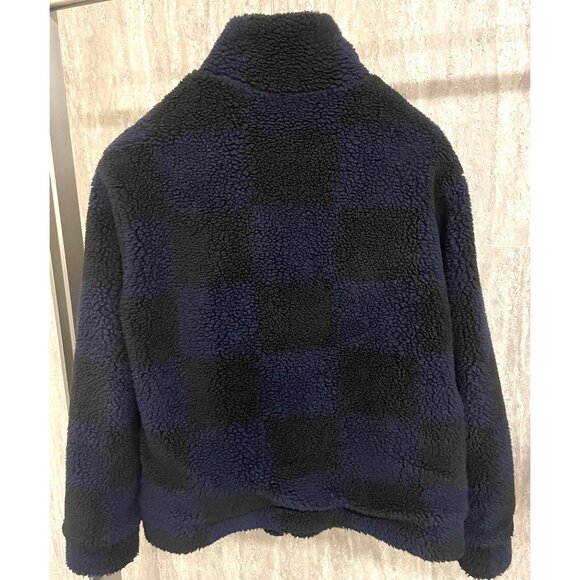 Louis Vuitton Checkered Navy & Black Sherpa Jacket Mens Full-Zip Embroidered Log - Picture 2 of 14